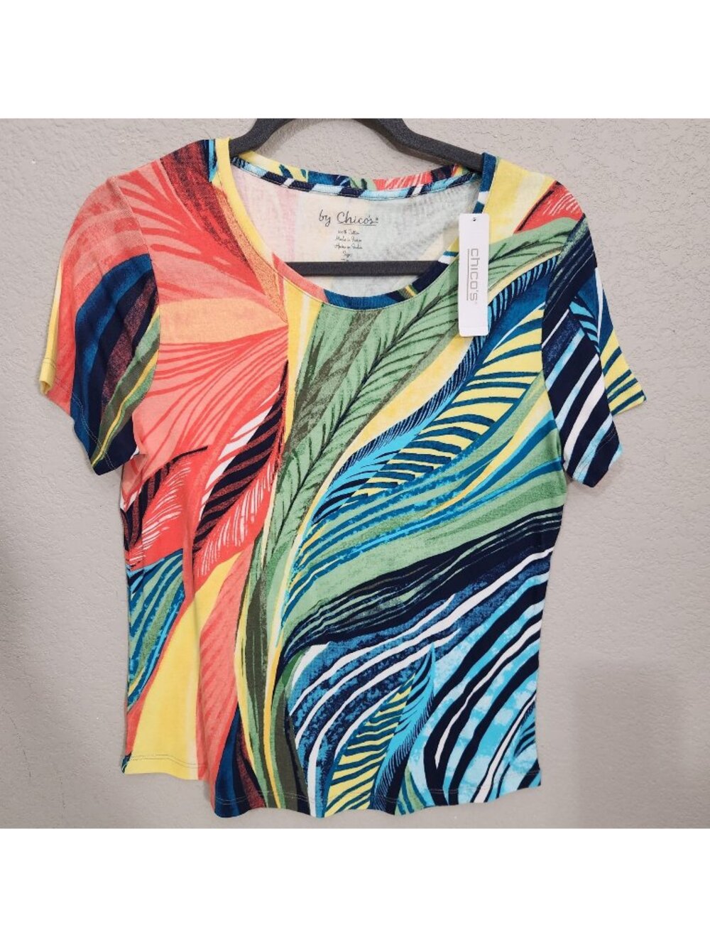 Chicos Multicolor Palm Print Cotton Short Sleeve Top Size 8 or Chicos size 1